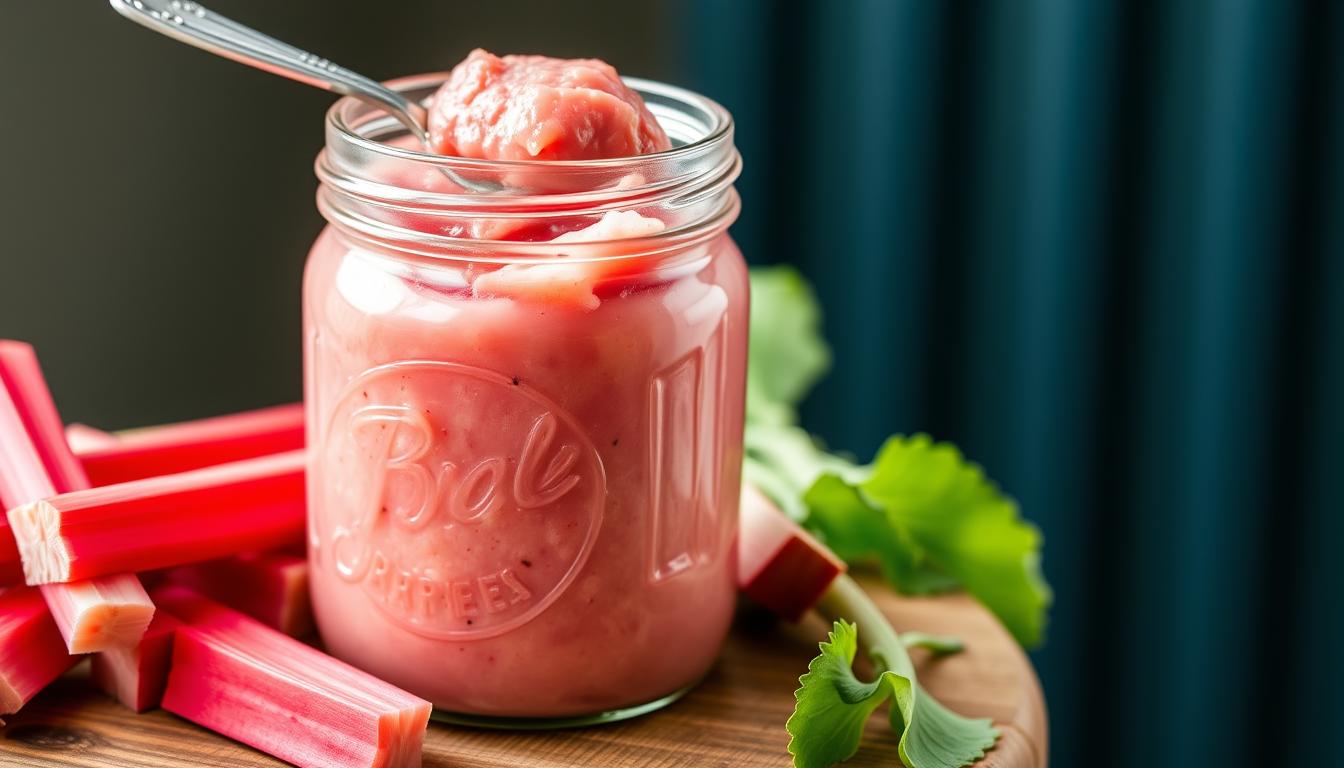 Jar of simple rhubarb butter with fresh rhubarb stalks beside it