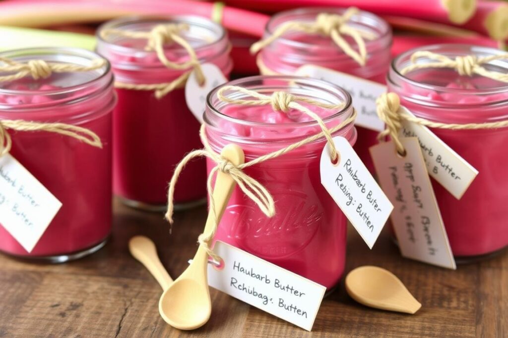 Jars of simple rhubarb butter with gift tags Jars of simple rhubarb butter with gift tags