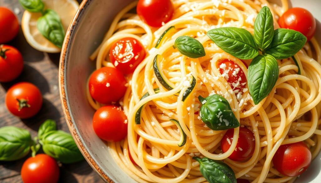 Lemon basil pasta with fresh summer tomatoes and zucchini Lemon basil pasta with fresh summer tomatoes and zucchini