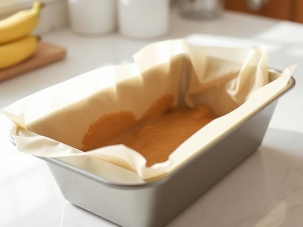 Loaf pan lined with parchment paper