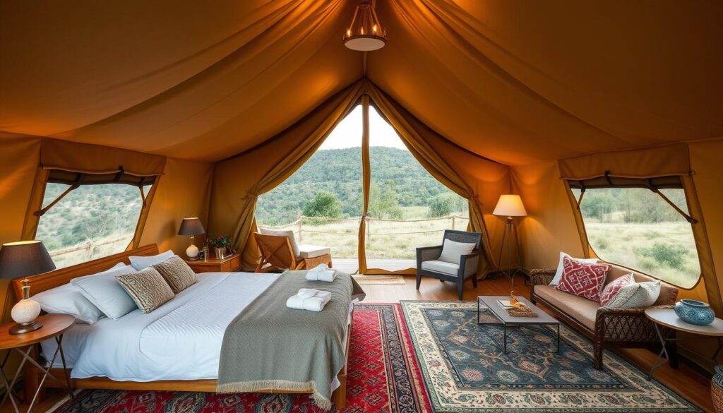 Luxurious glamping tent with comfortable furnishings in natural setting, showing upscale camping lifestyle Luxurious glamping tent with comfortable furnishings in natural setting, showing upscale camping lifestyle