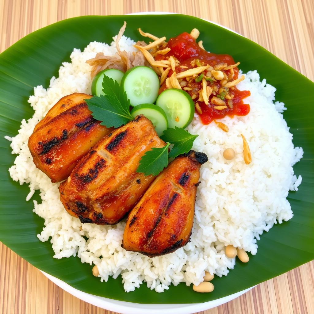 Malaysian Nasi Ayam with grilled chicken, coconut rice, and sambal sauce Malaysian Nasi Ayam with grilled chicken, coconut rice, and sambal sauce