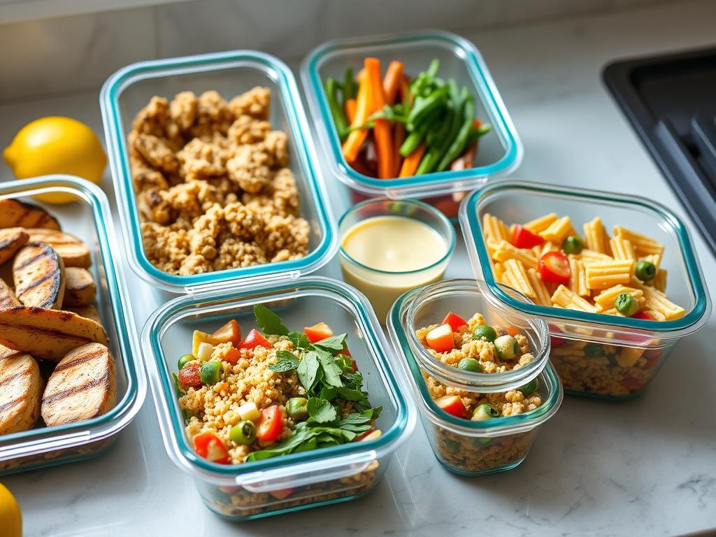 Meal prep containers with various summer dishes prepared in advance for perfect summer dinners Meal prep containers with various summer dishes prepared in advance for perfect summer dinners