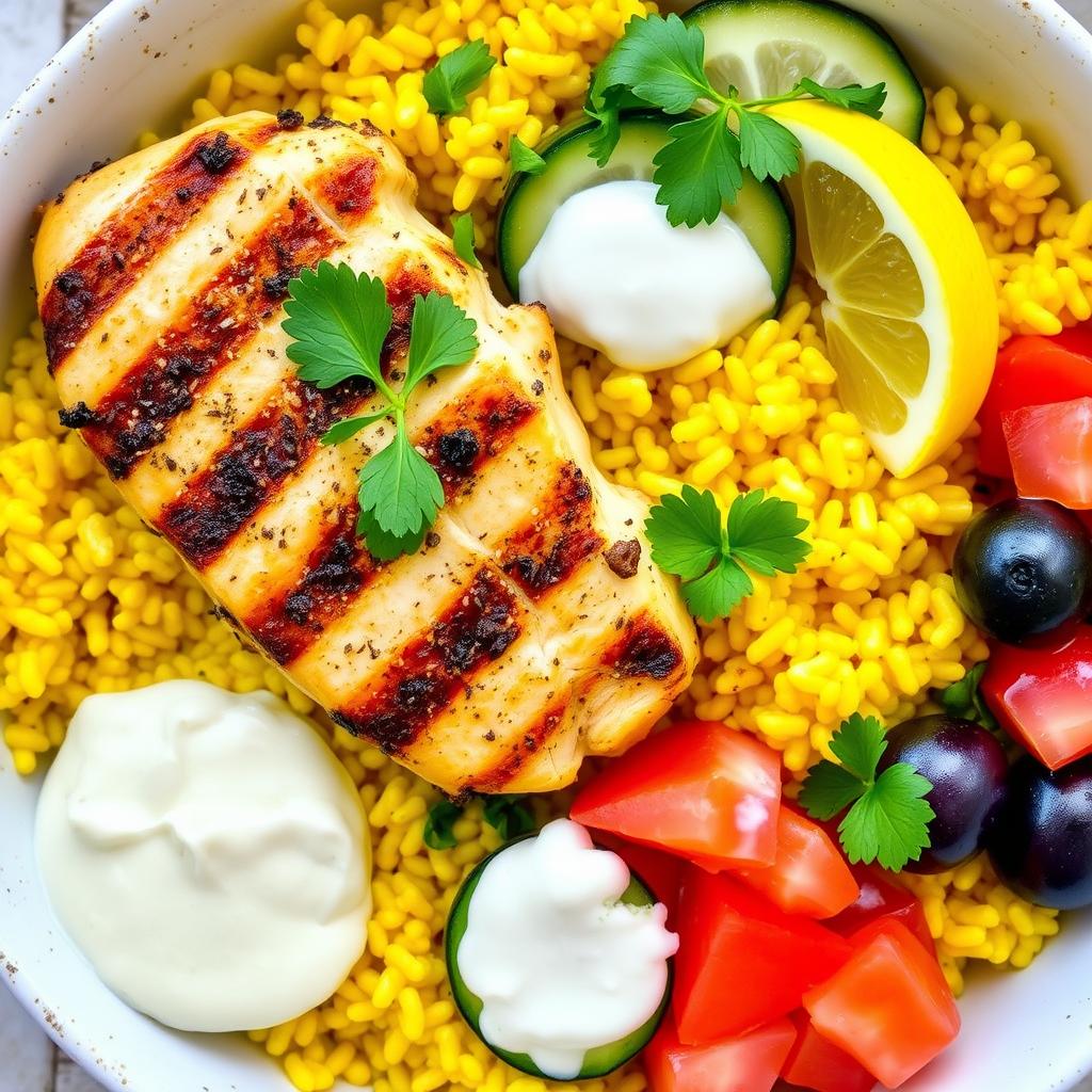 Mediterranean chicken rice bowl with tzatziki and fresh vegetables Mediterranean chicken rice bowl with tzatziki and fresh vegetables