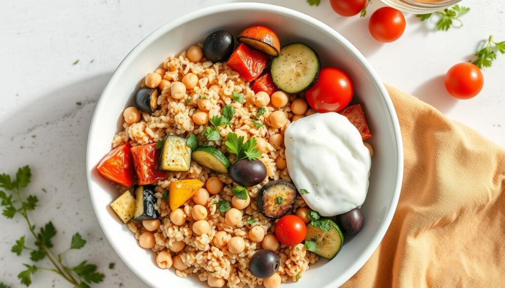 Mediterranean farro bowl with roasted vegetables and chickpeas Mediterranean farro bowl with roasted vegetables and chickpeas