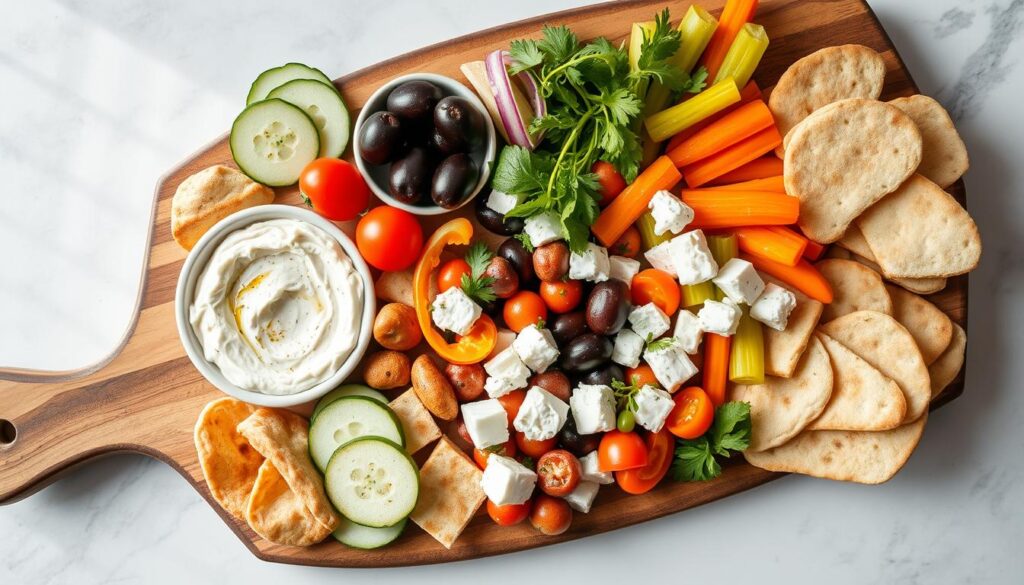 Mediterranean mezze platter with hummus and fresh vegetables Mediterranean mezze platter with hummus and fresh vegetables