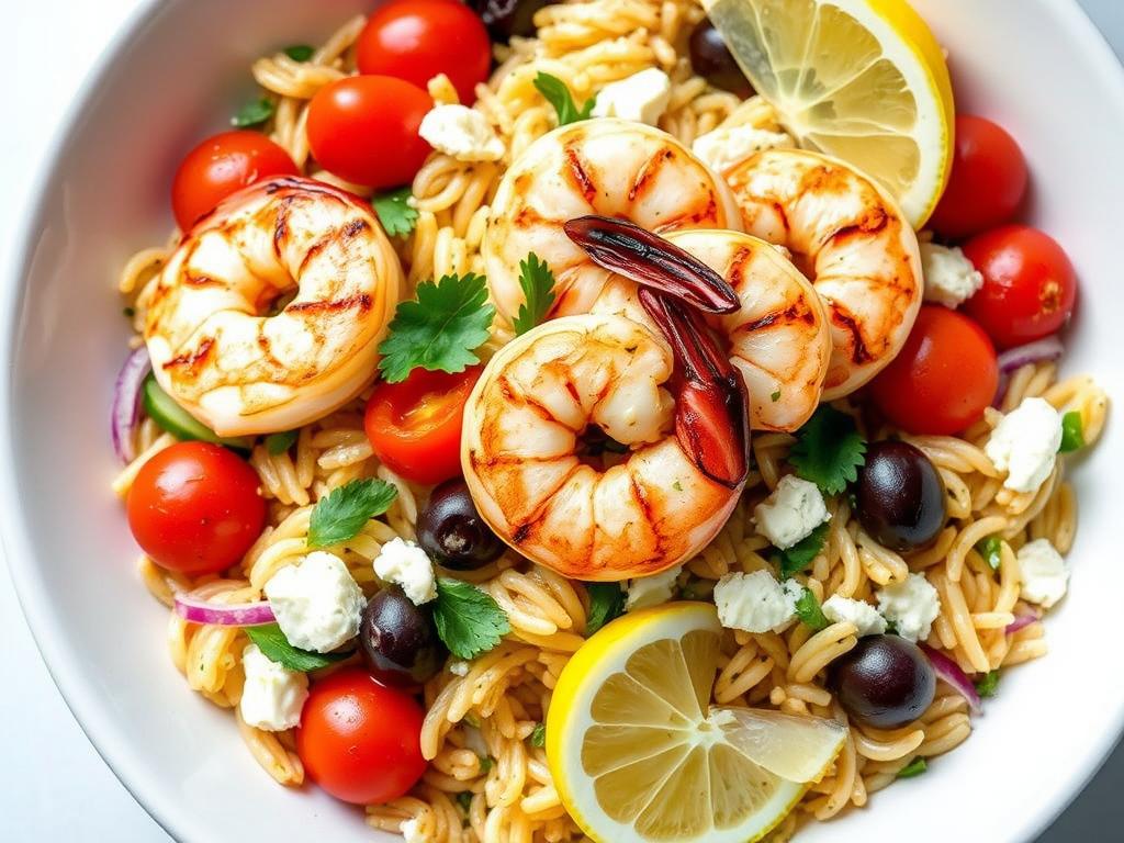 Mediterranean orzo salad with grilled shrimp for a perfect summer dinner