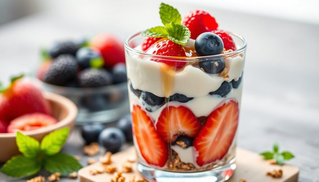 Mixed berry parfait with Greek yogurt and granola - light summer dessert Mixed berry parfait with Greek yogurt and granola - light summer dessert