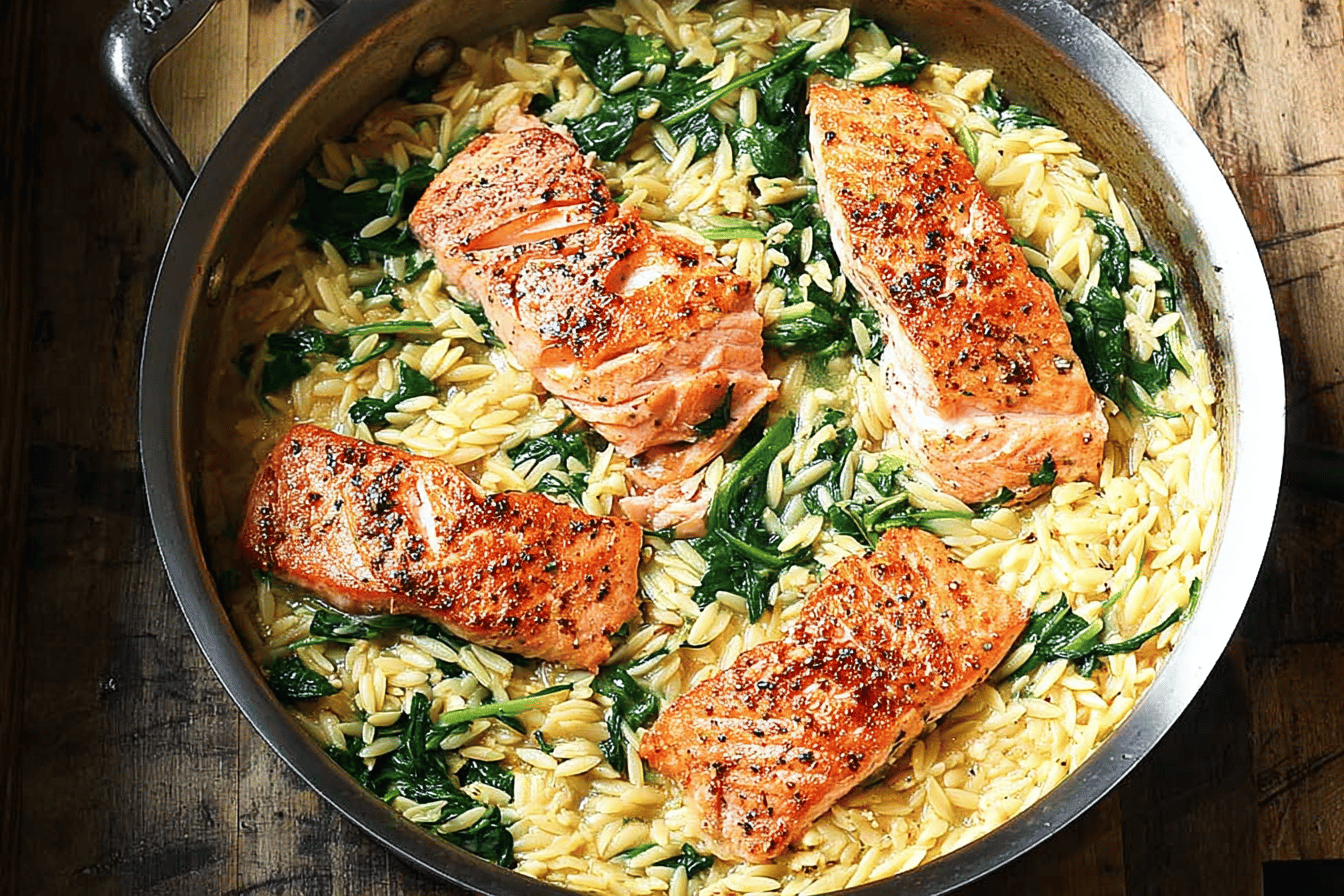 One Skillet Salmon with Lemon Orzo