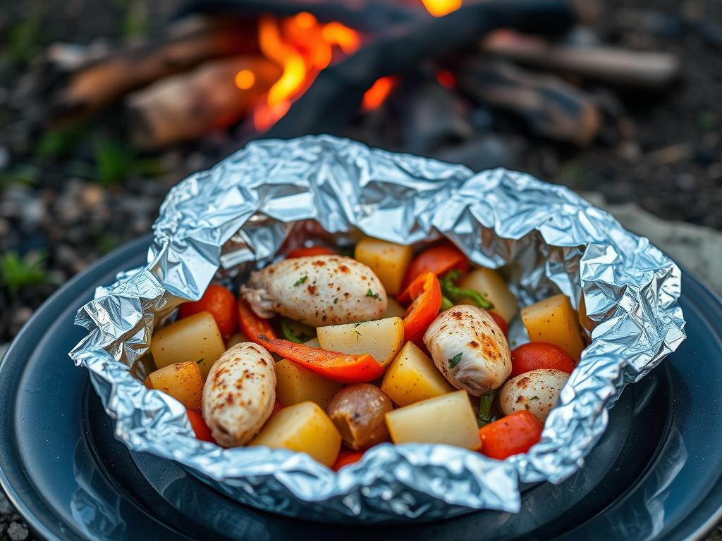 Open foil packet showing cooked chicken, potatoes, and vegetables for campfire dinner setup
