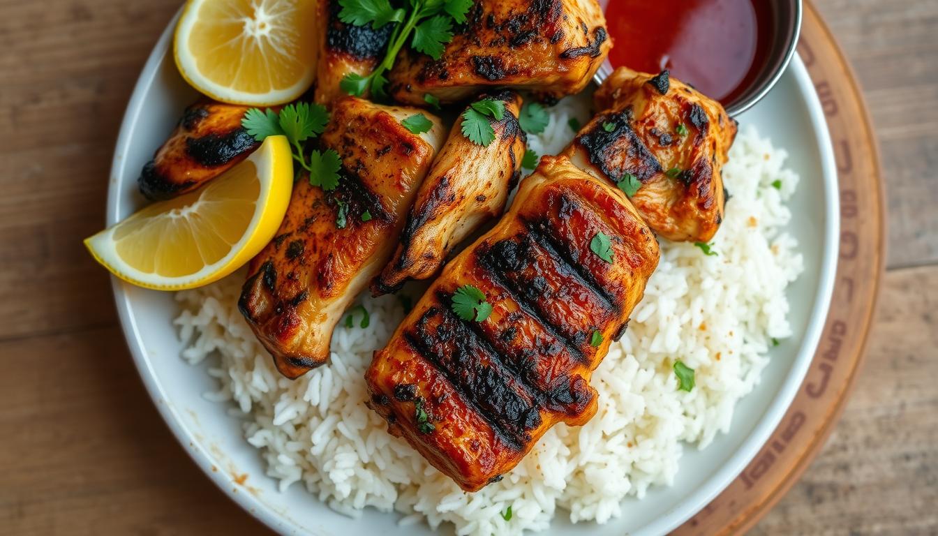 Perfectly grilled chicken served over aromatic rice with herbs and lemon wedges