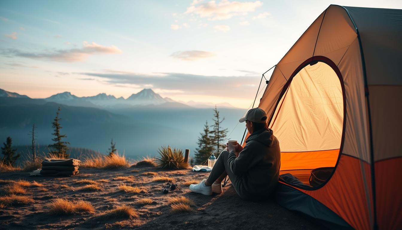 Person enjoying morning coffee at a scenic campsite with mountains in background, embodying the camping lifestyle