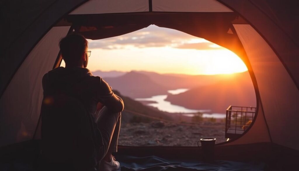 Person looking out at sunset from campsite, contemplating their camping lifestyle journey Person looking out at sunset from campsite, contemplating their camping lifestyle journey