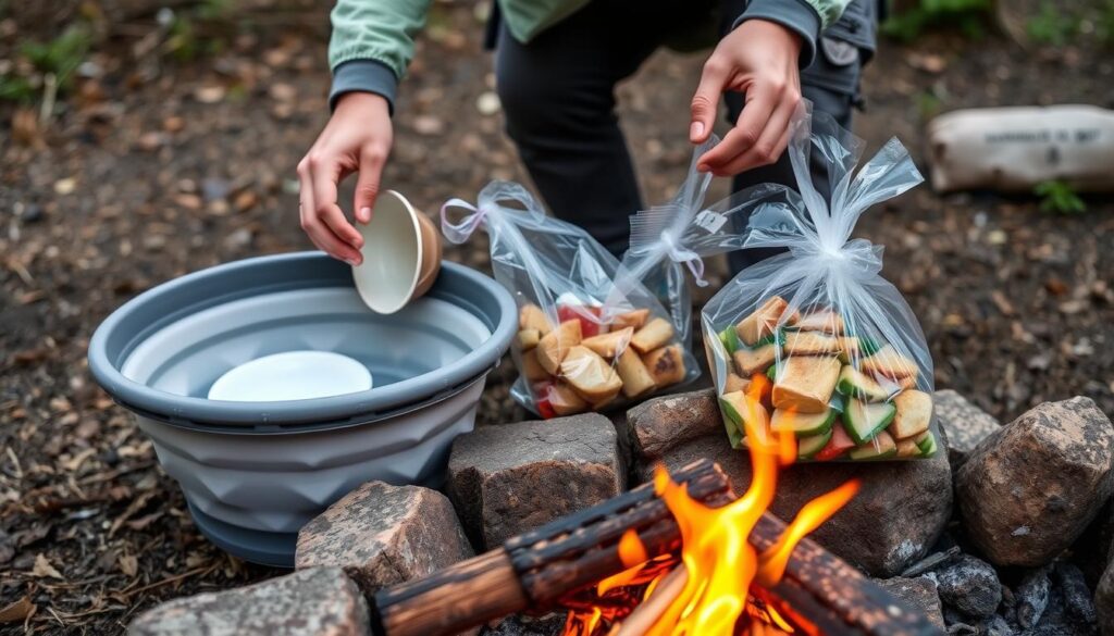 Person properly cleaning up campfire dinner site with biodegradable soap and water