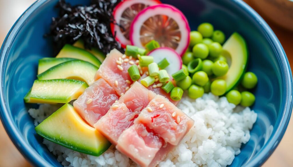 Poke bowl with fresh tuna, avocado and cucumber - fresh and light summer meal Poke bowl with fresh tuna, avocado and cucumber - fresh and light summer meal