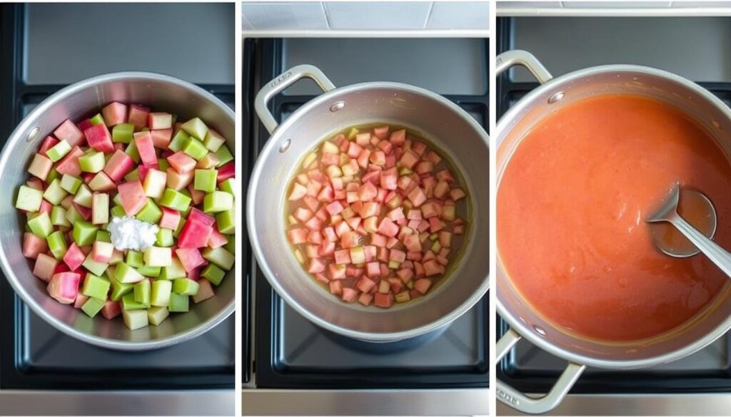 Process of cooking down rhubarb for simple rhubarb butter Process of cooking down rhubarb for simple rhubarb butter
