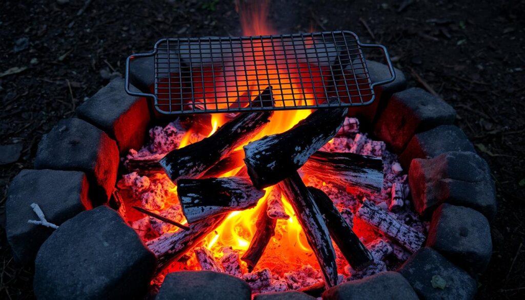 Properly built campfire with cooking grate positioned above for campfire dinner setup