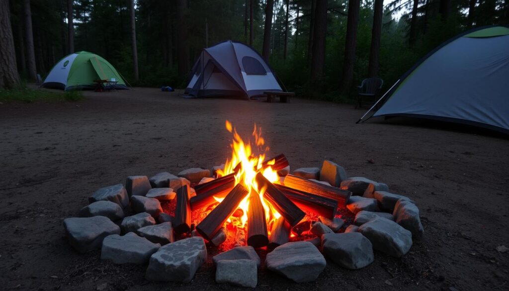 Safe campfire setup in a designated fire pit area surrounded by stones