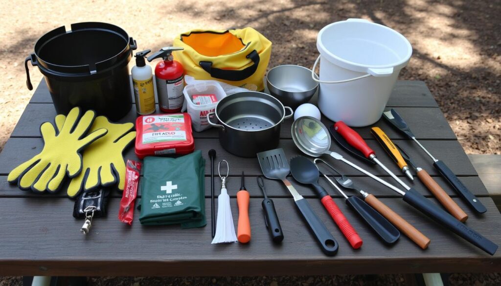 Safety equipment for campfire cooking including fire extinguisher, gloves, and first aid kit