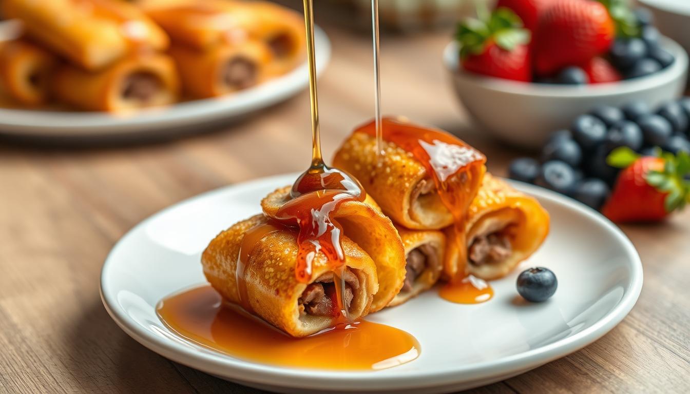 Sausage French Toast Roll-Ups on a plate with maple syrup and fresh berries