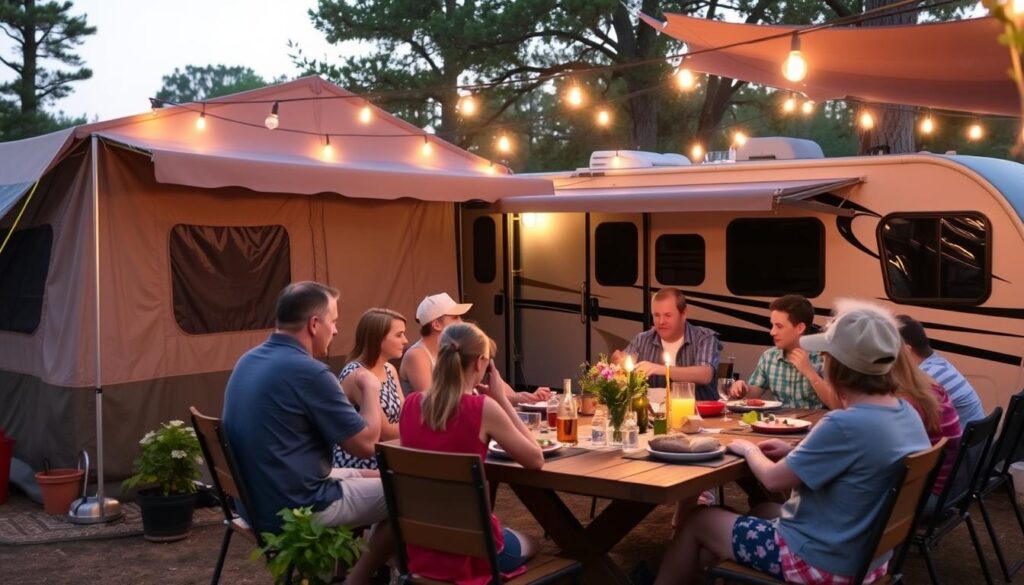 Seasonal campsite with personalized touches and community gathering, showing long-term camping lifestyle Seasonal campsite with personalized touches and community gathering, showing long-term camping lifestyle