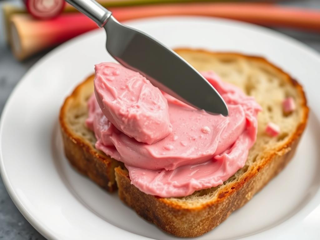 Simple rhubarb butter being spread on toast Simple rhubarb butter being spread on toast