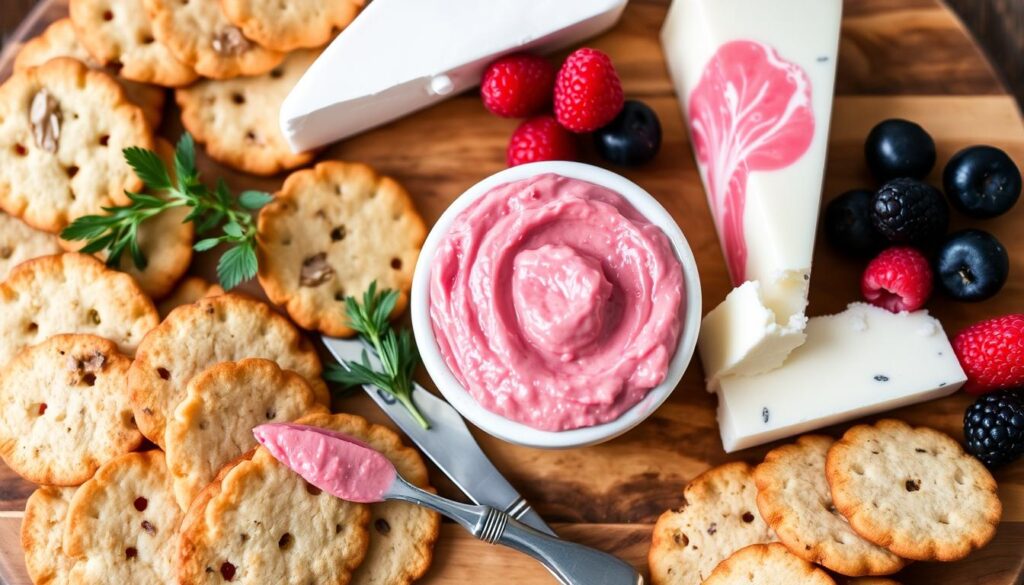 Simple rhubarb butter served with cheese and crackers Simple rhubarb butter served with cheese and crackers