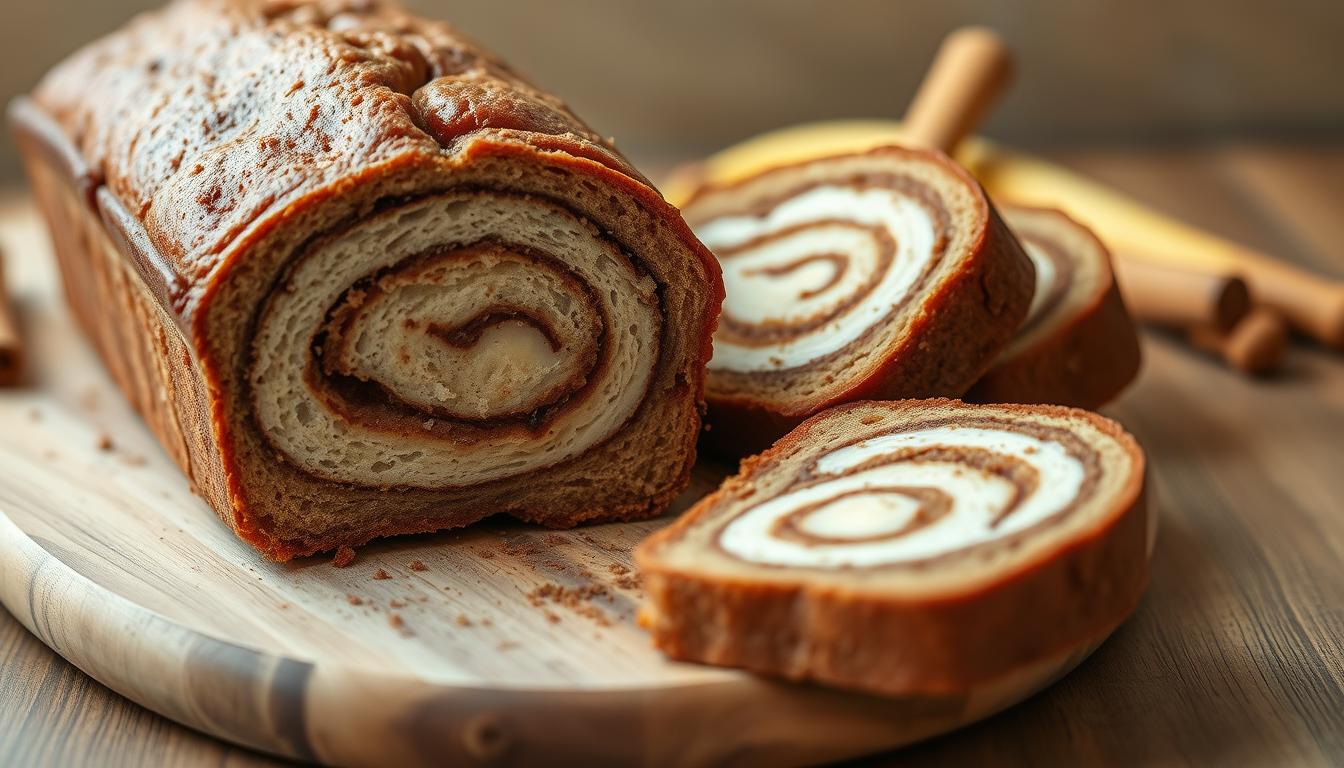 Sliced Cinnamon Roll Banana Bread showing perfect cinnamon swirls
