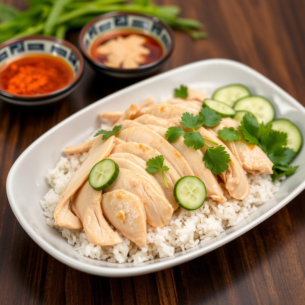 Thai Khao Man Gai with sliced chicken over aromatic rice and cucumber garnish Thai Khao Man Gai with sliced chicken over aromatic rice and cucumber garnish