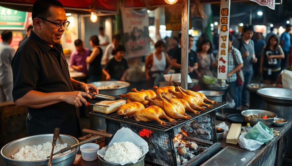 Traditional Southeast Asian street food vendor preparing grilled chicken rice Traditional Southeast Asian street food vendor preparing grilled chicken rice
