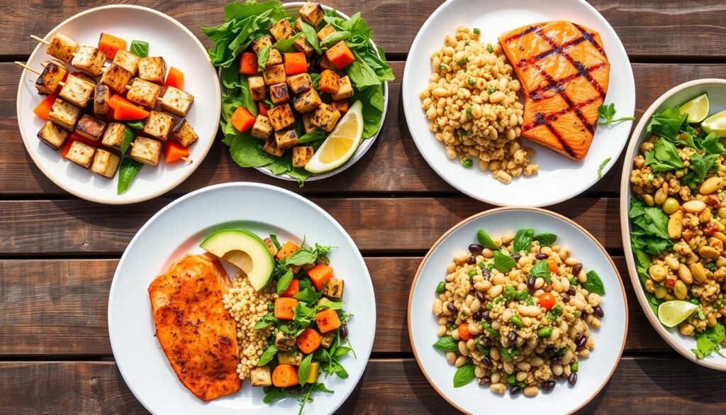 Various dietary adaptations of perfect summer dinners showing vegan, gluten-free and other options Various dietary adaptations of perfect summer dinners showing vegan, gluten-free and other options