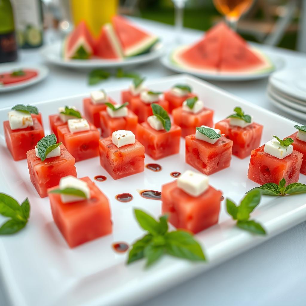 Watermelon-feta bites with mint garnish arranged on a serving platter for a perfect summer dinner appetizer Watermelon-feta bites with mint garnish arranged on a serving platter for a perfect summer dinner appetizer
