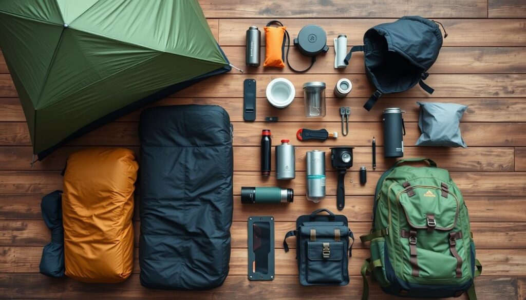 Well-organized camping gear laid out for packing, showing essential equipment for camping lifestyle Well-organized camping gear laid out for packing, showing essential equipment for camping lifestyle