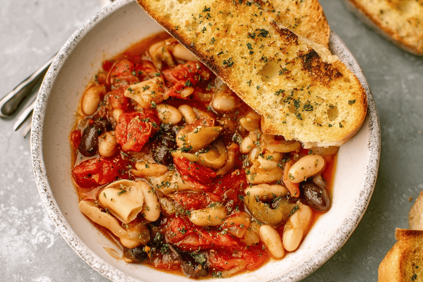 White Bean Puttanesca Recipe with Garlic Bread