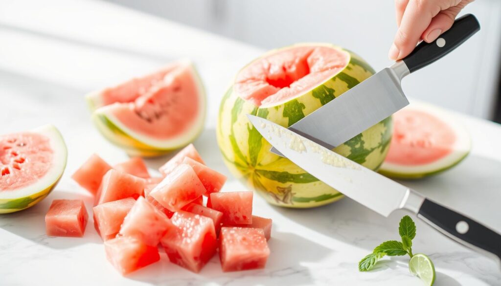cutting watermelon into cubes