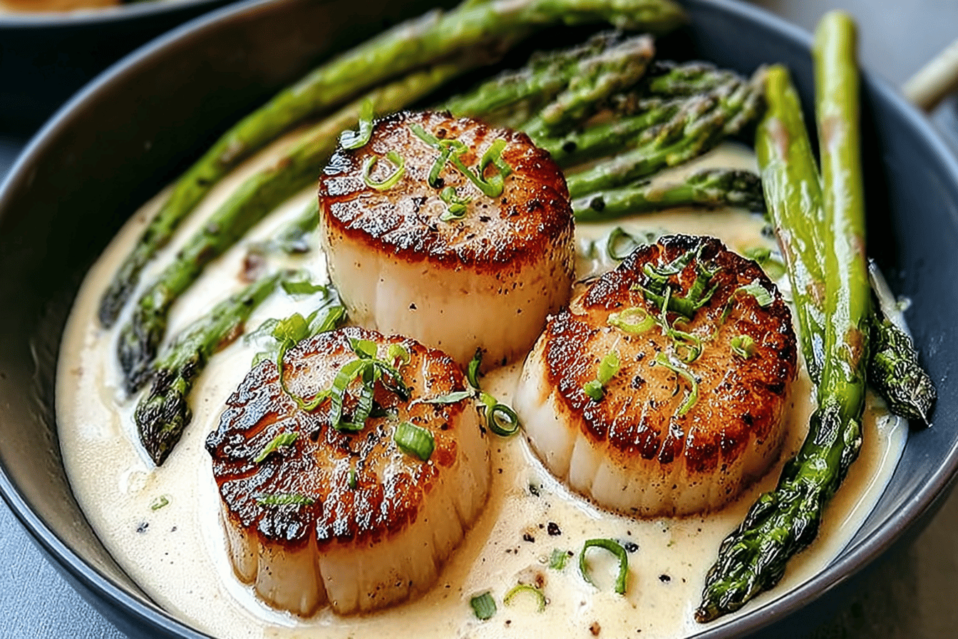 Seared Scallop Bowls with Asparagus & Creamy Sauce