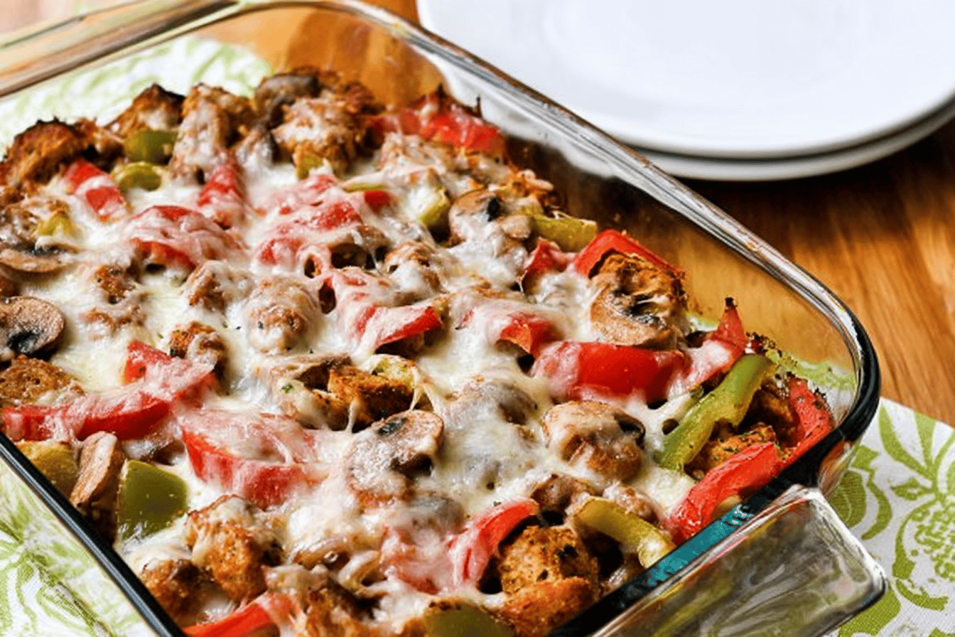 Sausage, Peppers, and Mushrooms Low-Carb Cheesy Bake