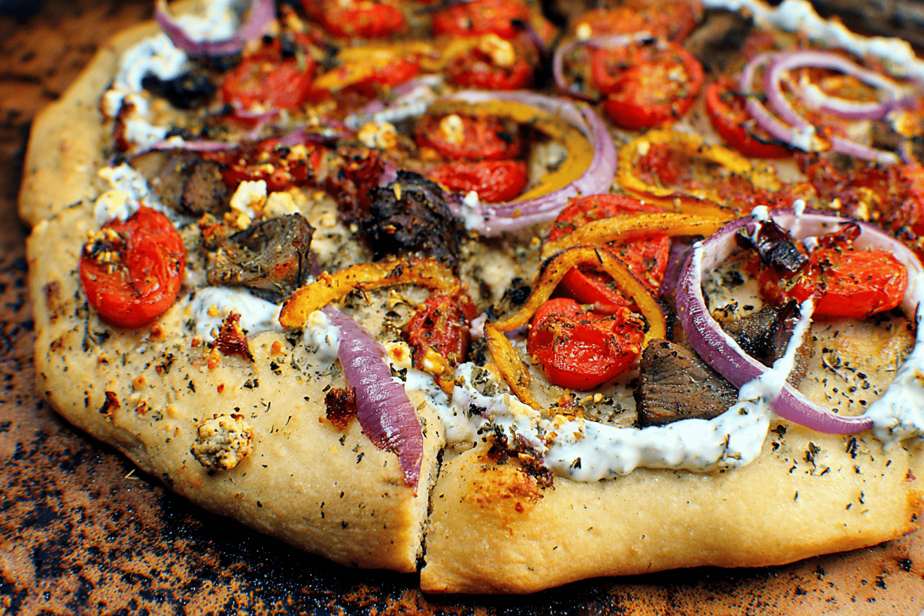 Gyro Pizza with a Tzatziki Drizzle