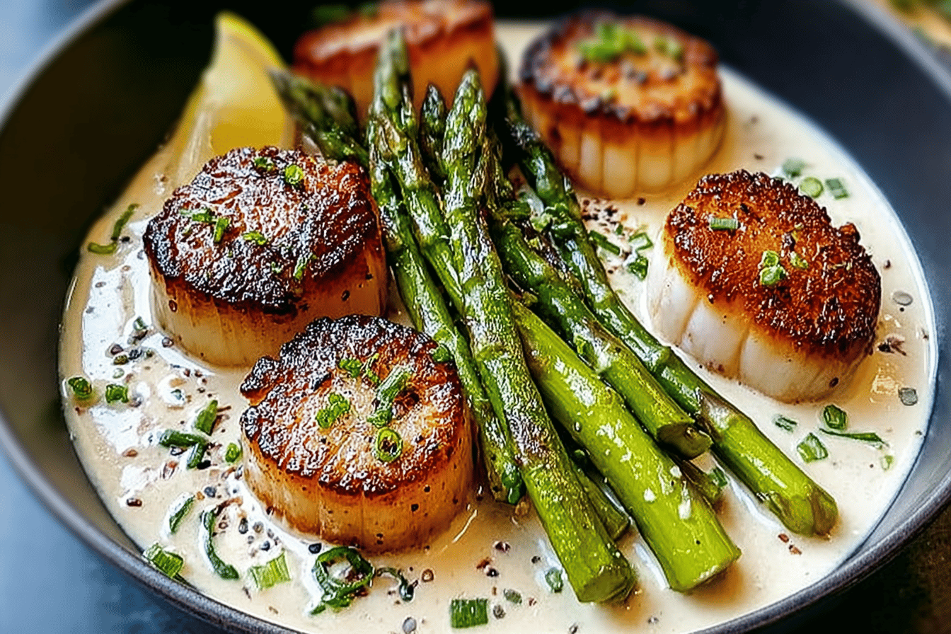 Seared Scallop Bowls with Asparagus & Creamy Sauce