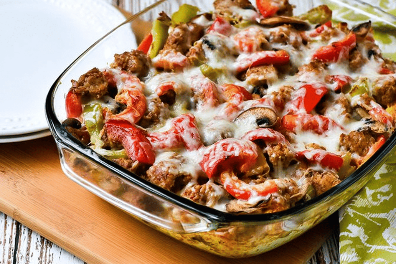 Sausage, Peppers, and Mushrooms Low-Carb Cheesy Bake