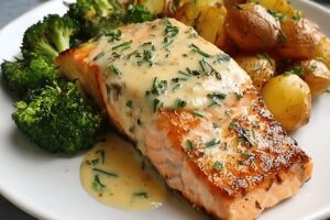 Lemon Butter Salmon with Crispy Potatoes & Broccoli Recipe
