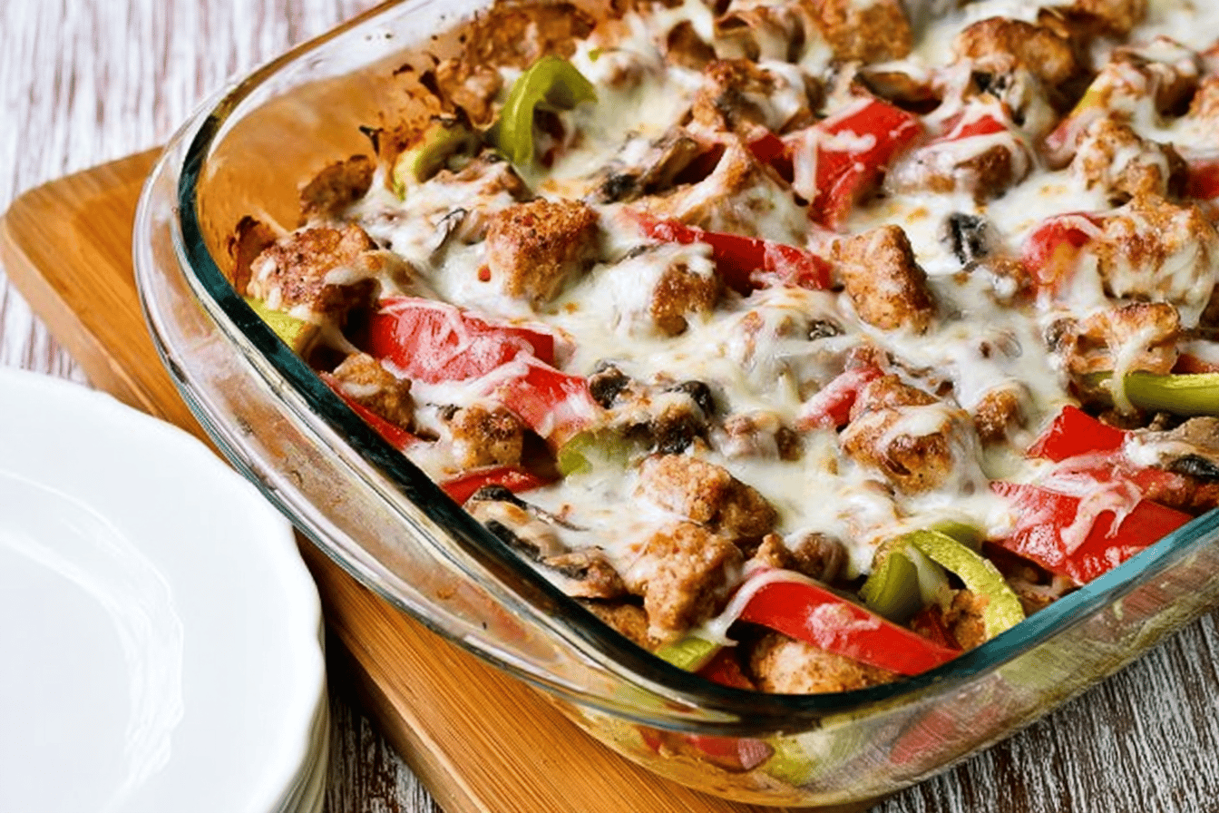 Sausage, Peppers, and Mushrooms Low-Carb Cheesy Bake