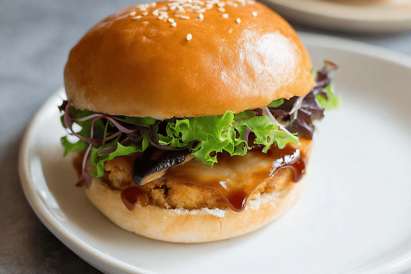 Vegan Soy Burger with Teriyaki Mushrooms