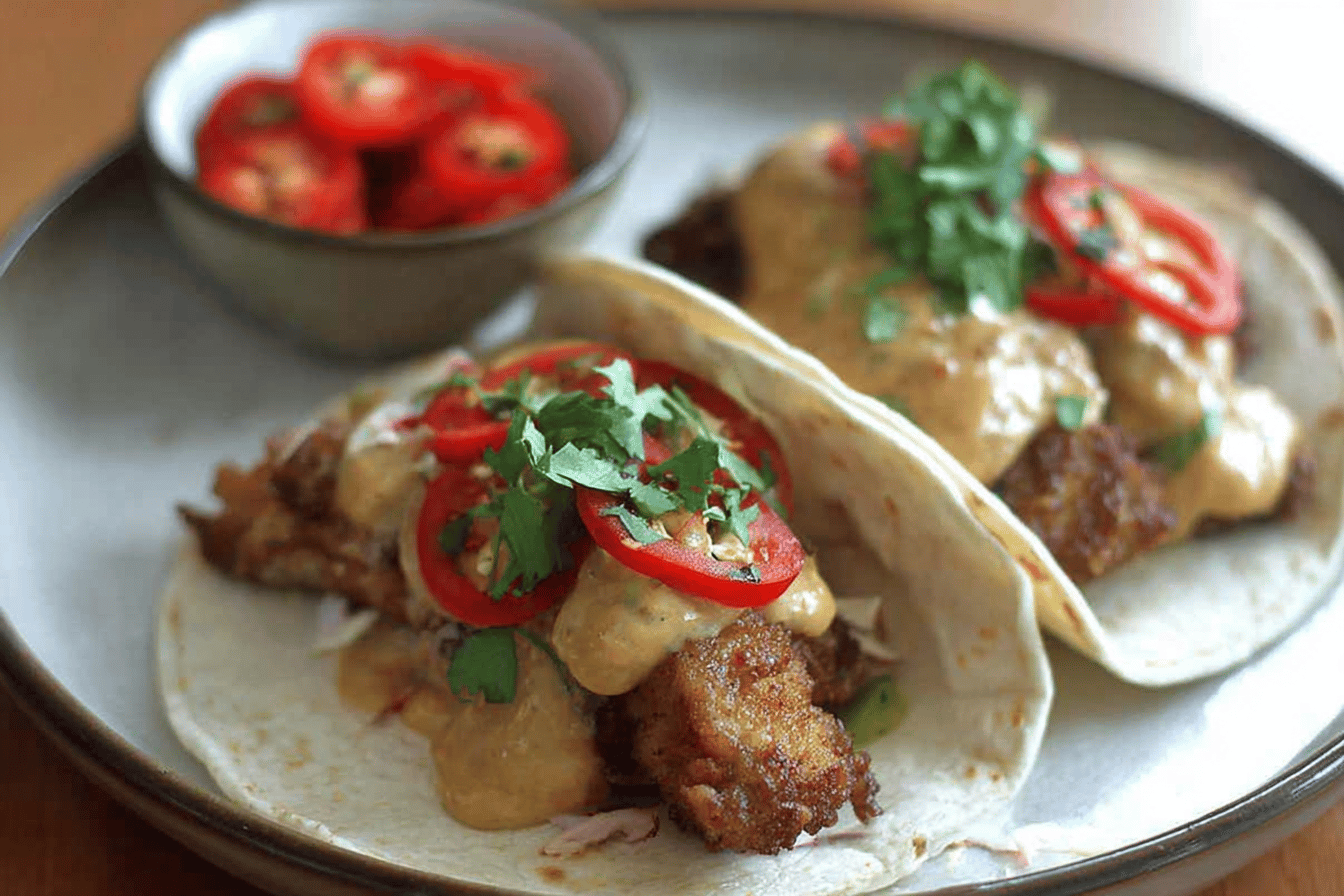 Fried Chicken Tacos with Andouille Sausage Gravy
