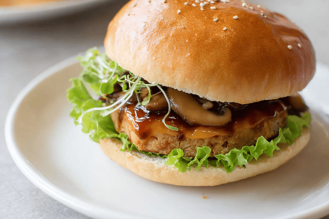 Vegan Soy Burger with Teriyaki Mushrooms